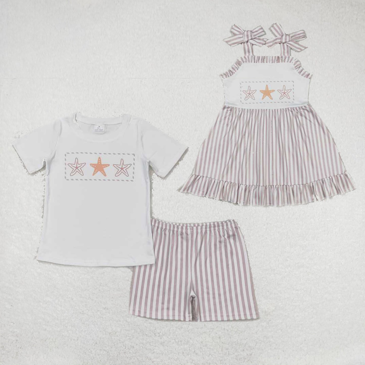 Baby Girls boys starfish prints brown plaid white boys and girls outfits Family siblings set