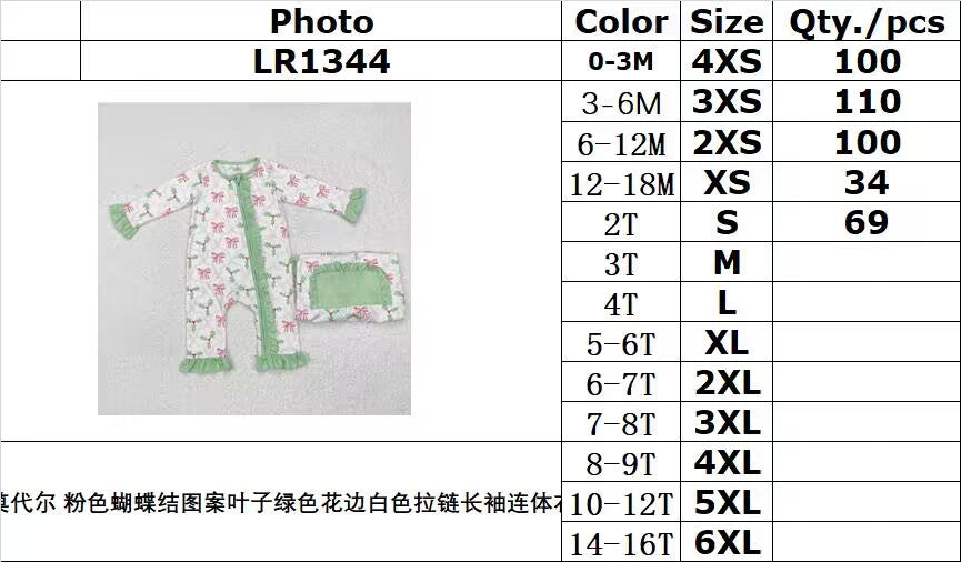 BAMBOO RTS NO MOQ ETA 5/7days Arrived LR1344 Modal pink bow pattern leaves green lace white zipper long sleeve jumpsuit