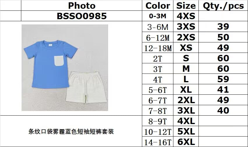 rts no moq BSSO0985 Striped pocket haze blue short-sleeved shorts set