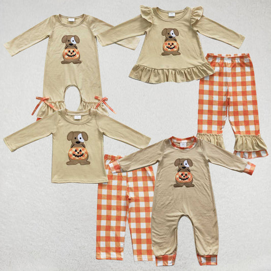 RTS Embroidered Embroidered Puppy Pumpkin Long Sleeve Pants Orange Pumpkin Embroidered Plaid Suit