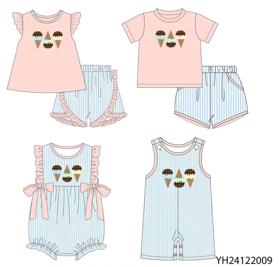 Custom summer baby girls clothes ice cream short sleeve shorts sets romper