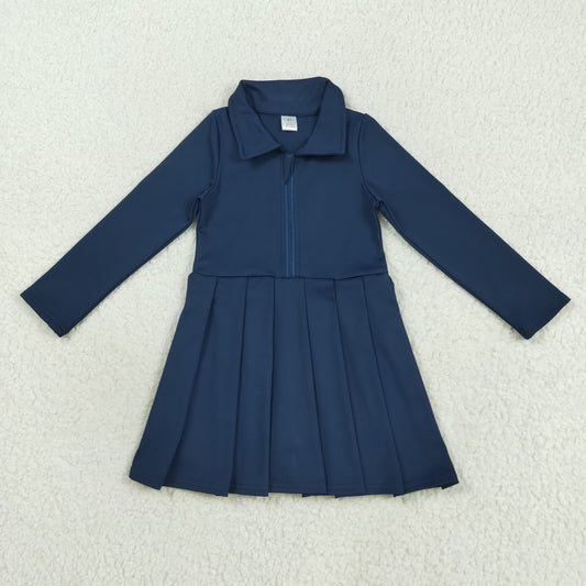 RTS NO MOQ（In Stock) GLD1151 Solid navy blue zippered long-sleeved yoga dress