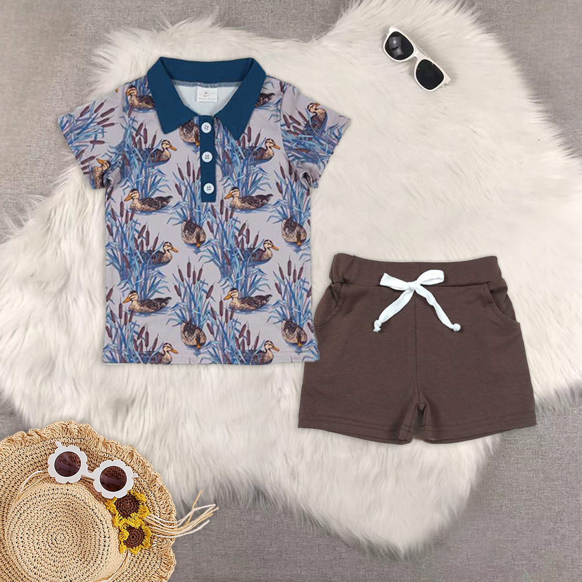 RTS NO MOQ BT0536+SS0134 duck short-sleeved top Brown pocket shorts