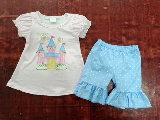 custom moq 5 eta 4-6weeks summer baby girls clothes castle short sleeve blue shorts sets