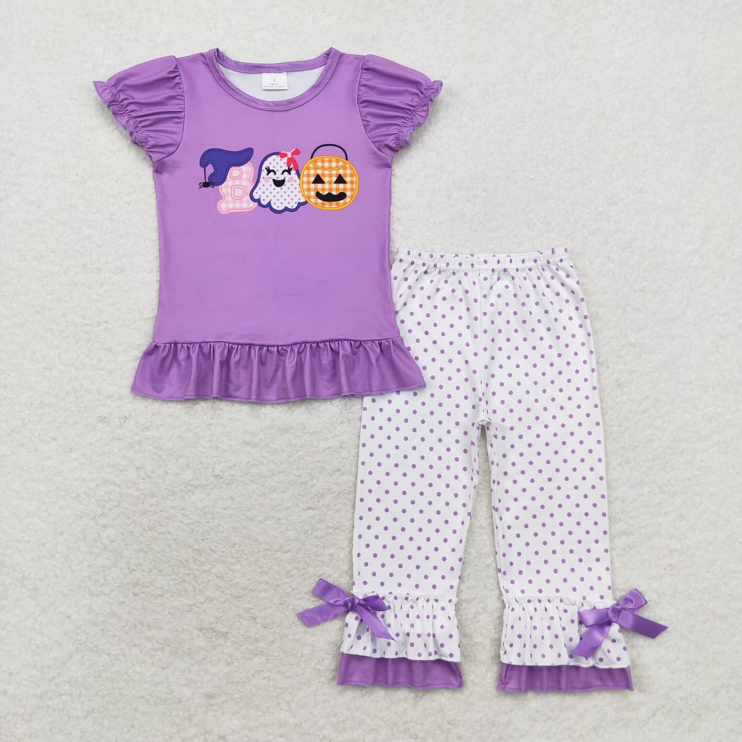 RTS no moq GSPO1647 boo ghost pumpkin purple short-sleeved polka dot plaid trousers set