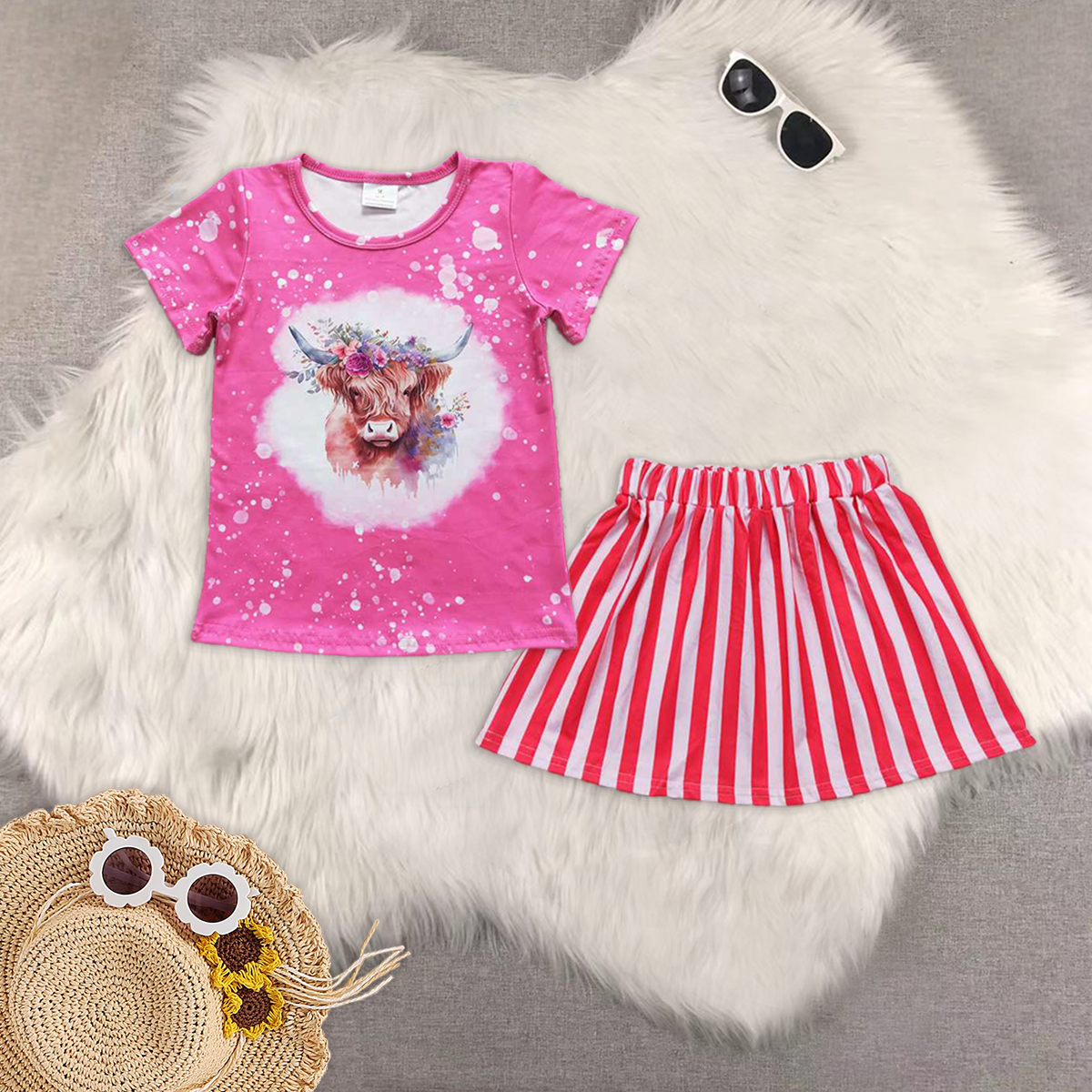 RTS NO MOQ GT0212+GLK0029 cow head pink short-sleeved shirt with letters pink striped skirt sets