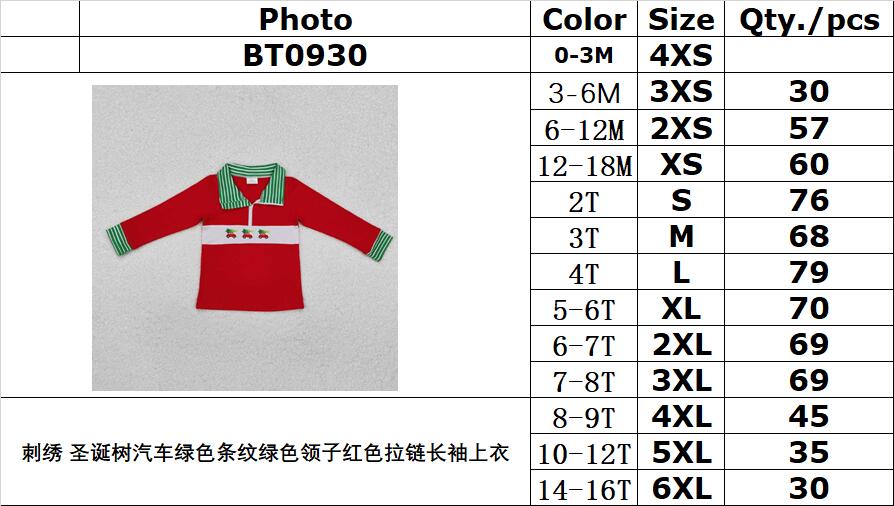 RTS NO MOQ ETA 5/7days arrived BT0930 Embroidered Christmas tree car green stripes green collar red zipper long sleeve top