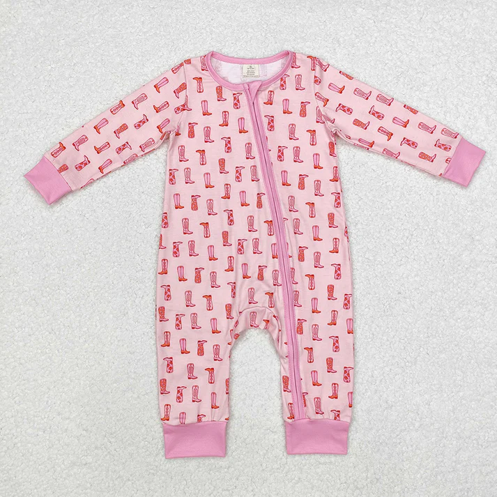 RTS NO MOQ Family Mommy and Me Baby Girls Western Pink Boots Fur Pajamas Rompers