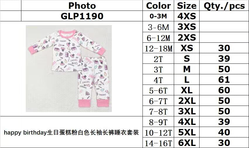 rts no moq GLP1190 Happy birthday birthday cake pink white long-sleeved trousers pajamas set