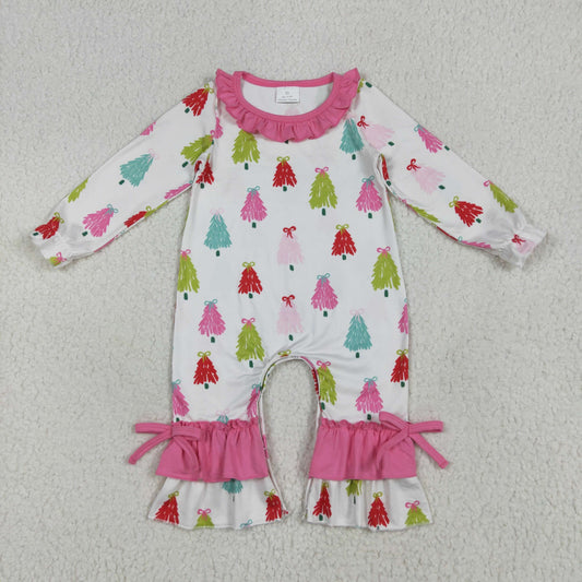 RTS NO MOQ LR2280 Christmas tree rose red bow lace long-sleeved jumpsuit