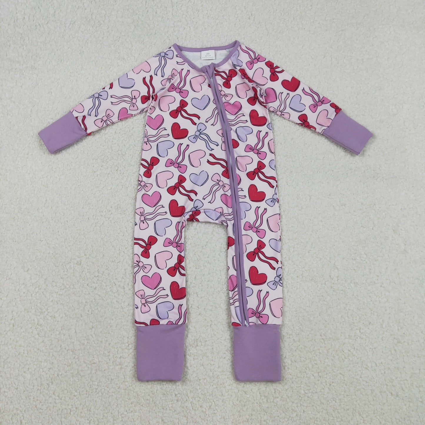 RTS NO MOQ（In Stock ) Heart-shaped bow pattern pinkish-purple zip-up long-sleeved jumpsuit