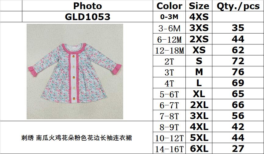 RTS NO MOQ GLD1053 Embroidery Pumpkin Turkey Flower Pink Lace Long Sleeve Dress