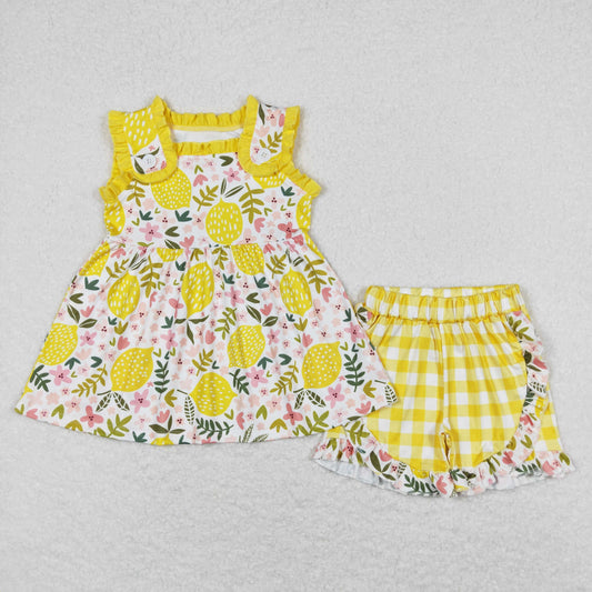 GSSO0752 Lemon flower sleeveless yellow and white plaid shorts suit