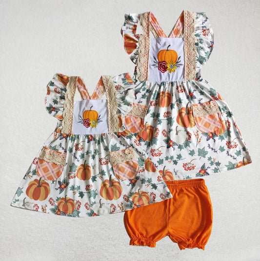 RTS Pumpkin Halloween suit and romper matching clothes Embroidered flower Halloween suit skirt