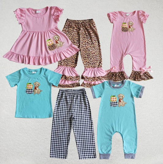 RTS Embroidered Pumpkin Puppy Halloween Embroidered Puppy Plaid Boys Girls Outfits Pants Suit