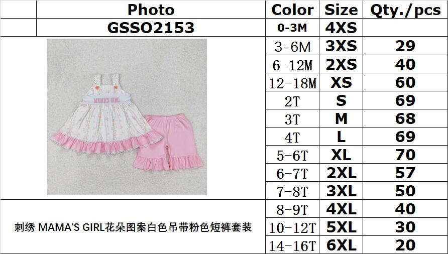 RTS NO MOQ ETA 5/7days Arrived GSSO2153 Embroidered MAMA'S GIRL flower pattern white suspenders pink shorts set