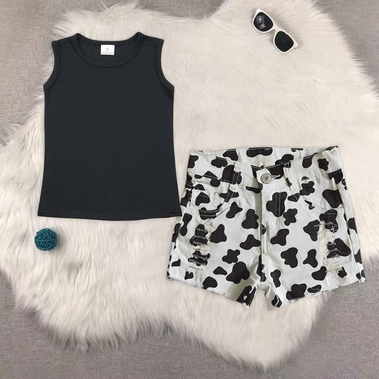 RTS NO MOQ GT0419+SS0027 Girls black sleeveless top denim shorts sets