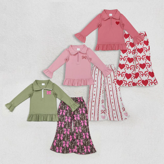 RTS NO MOQ Sibling Baby girl clothes embroidery valentine love bow long-sleeved trousers suits