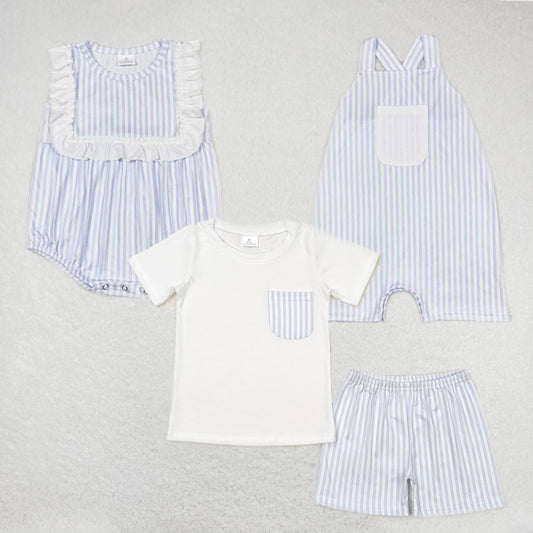 Baby girls boys blue vertical stripes Sibling Rompers Clothes Sets