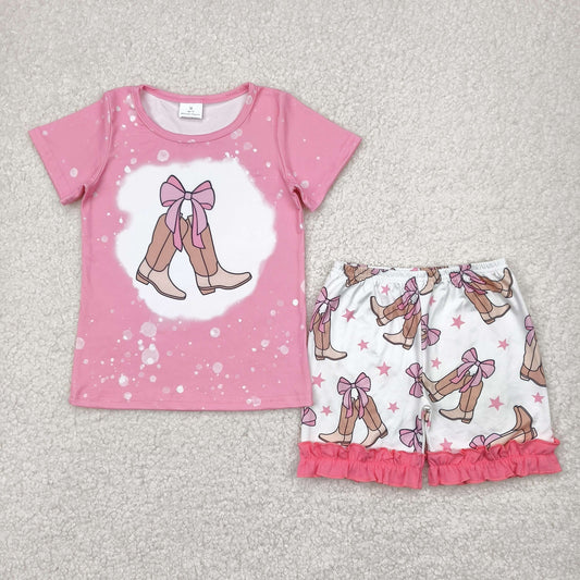 RTS NO MOQ GSSO2354 Boots bow pattern pink short-sleeved star shorts set
