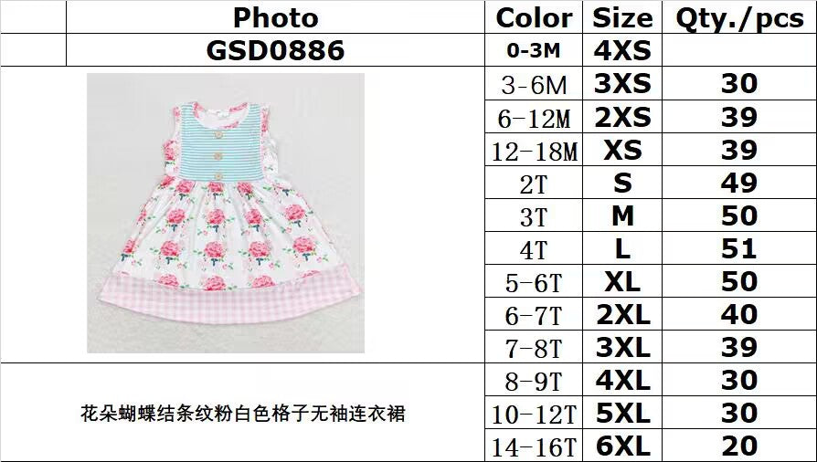 GSD0886 Flower bow striped pink and white plaid sleeveless dress