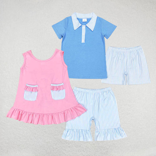 Baby Girls boys blue plaid pink and blue boys and girls set Family siblings set