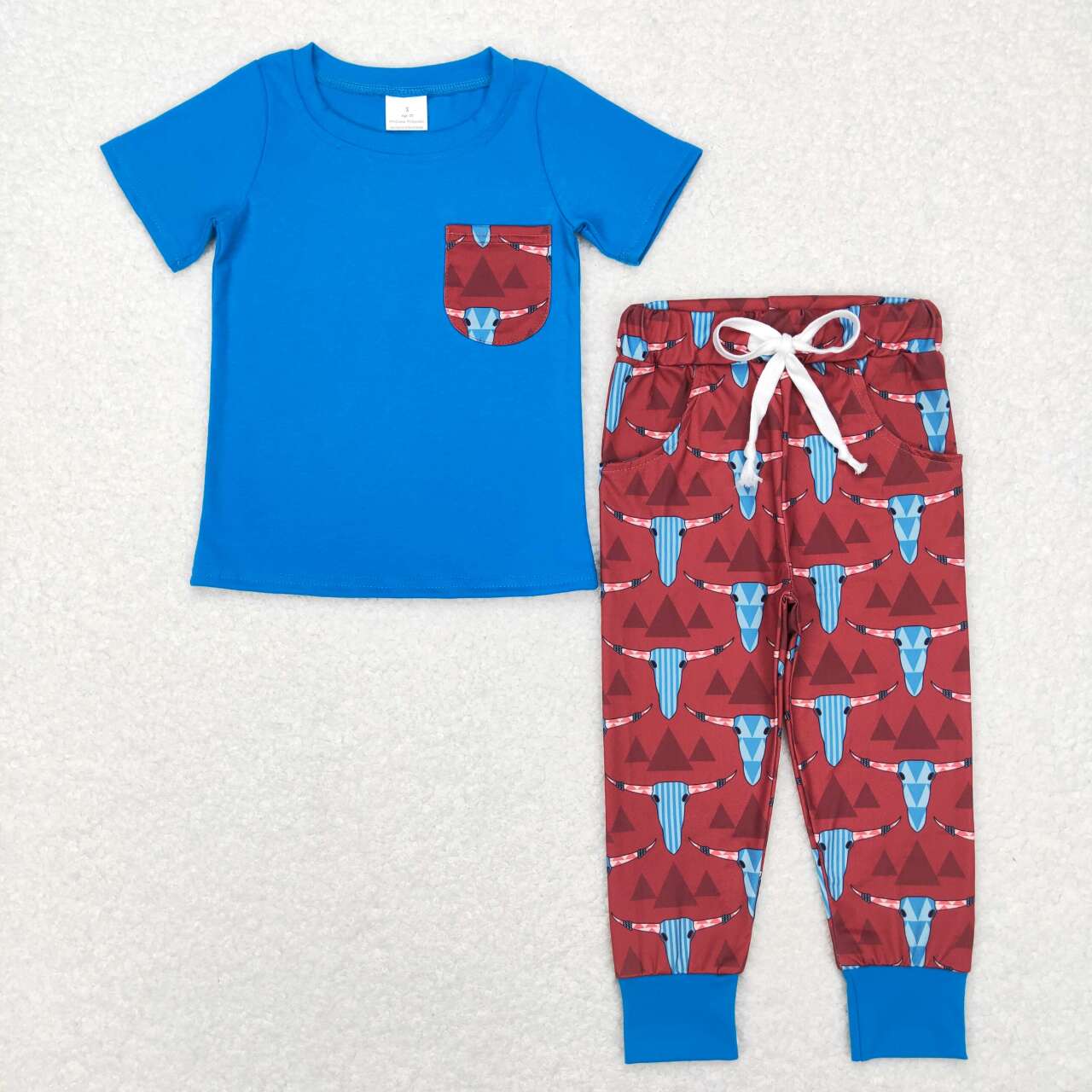 BSPO0188 Triangular hill alpine cow head pocket blue short-sleeved trousers suit