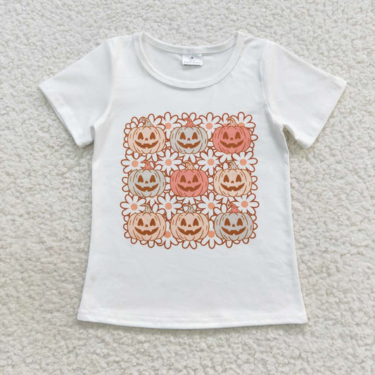 GT0290 Floral Smiley Pumpkin Beige Short Sleeve Top