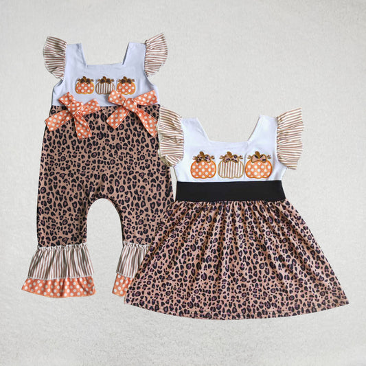 RTS Embroidered Pumpkin Leopard Skirt and Romper Matching