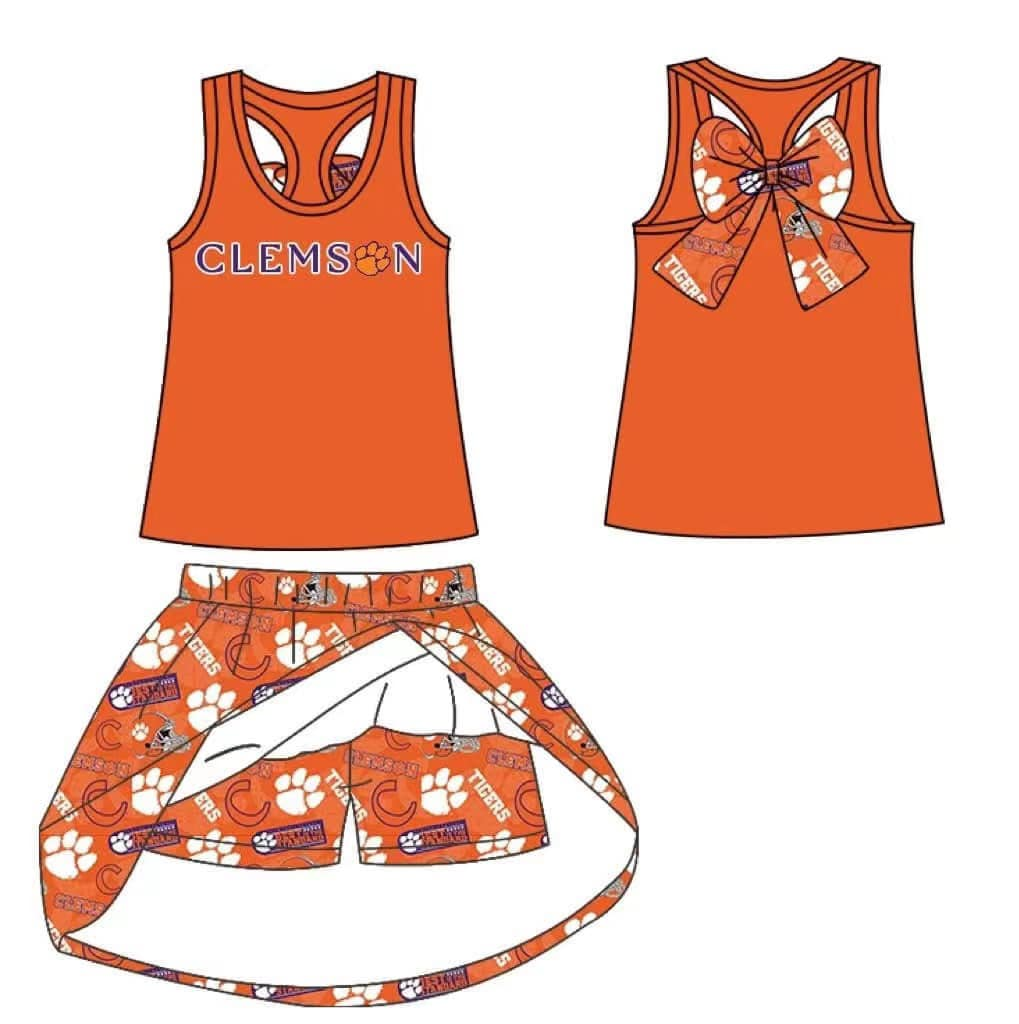 custom moq 3 eta 6-7weeks team summer baby girls clothes orange sleeveless skirts sets