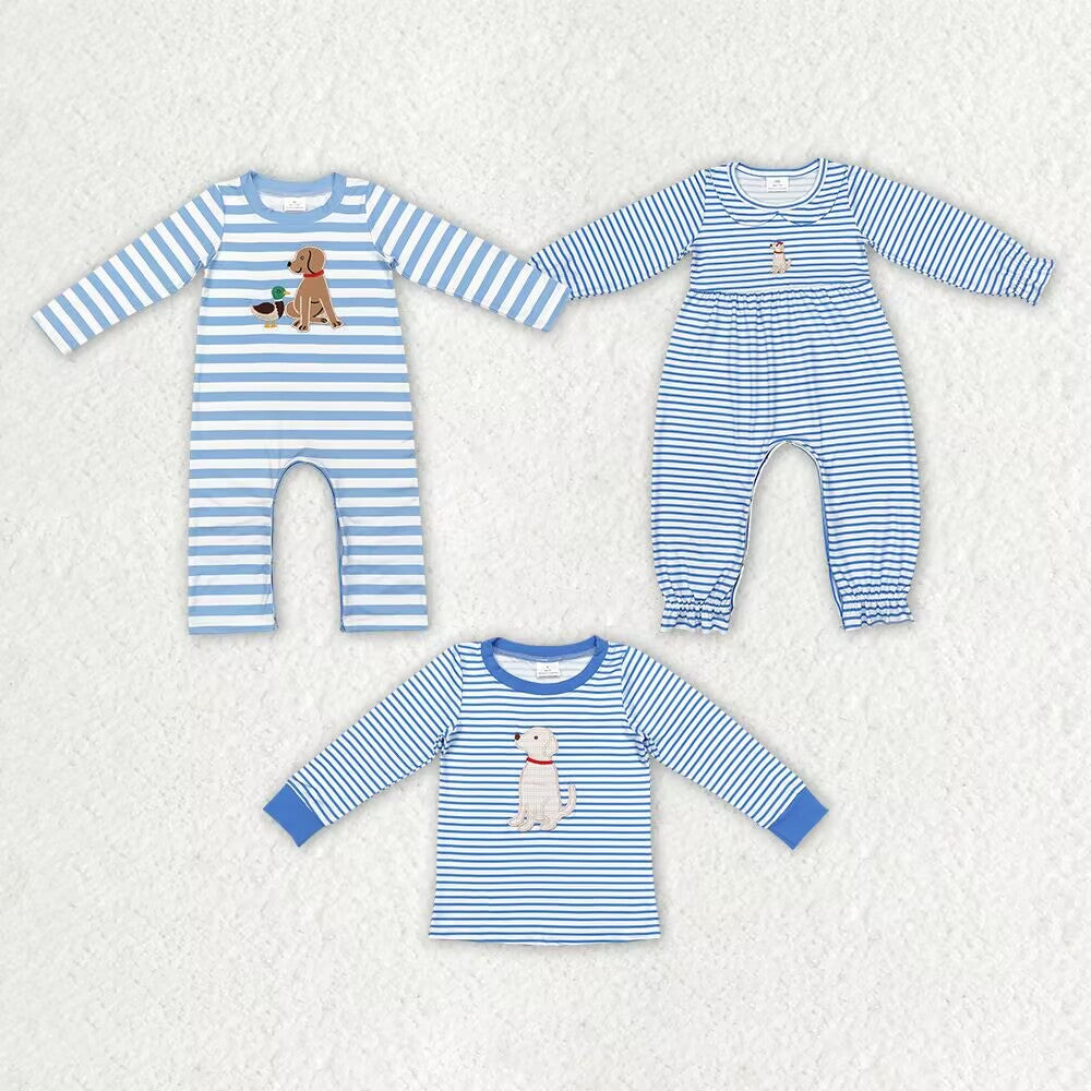 RTS NO MOQ LR1644 BT0808 LR1448  Blue Striped Long Sleeve Top & Climbing Suit with Embroidered Puppy Pattern