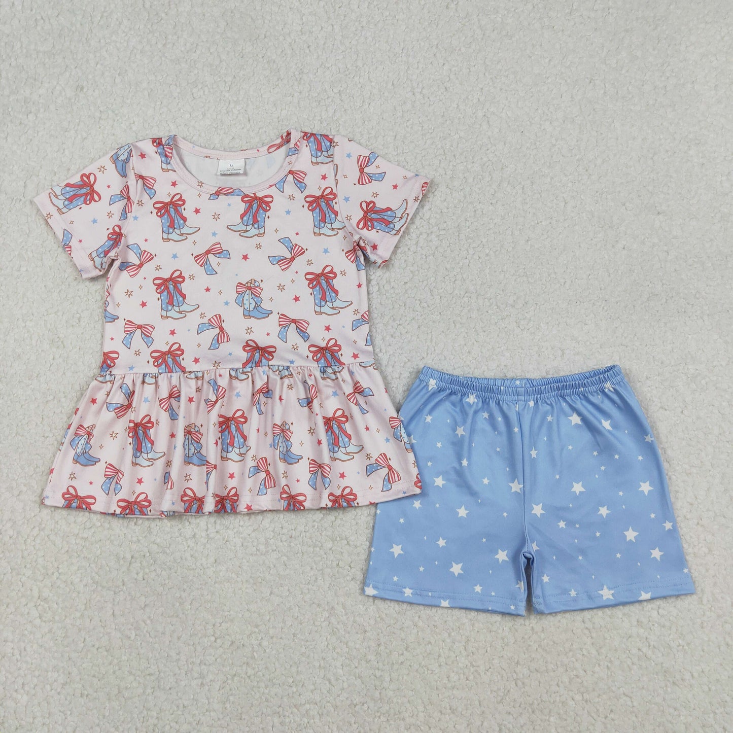 RTS NO MOQ（In Stock) National Day Star and Bow Pattern Boots Short-Sleeve Blue Shorts Set