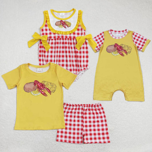 Baby Kids Potato Lemon Peanut Corn prints yellow Sibling Rompers Clothes Set