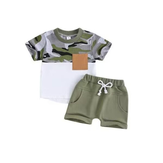 custom moq 5 eta 4-5 weeks baby boys clothes camouflage green short sleeve shorts summer outfit