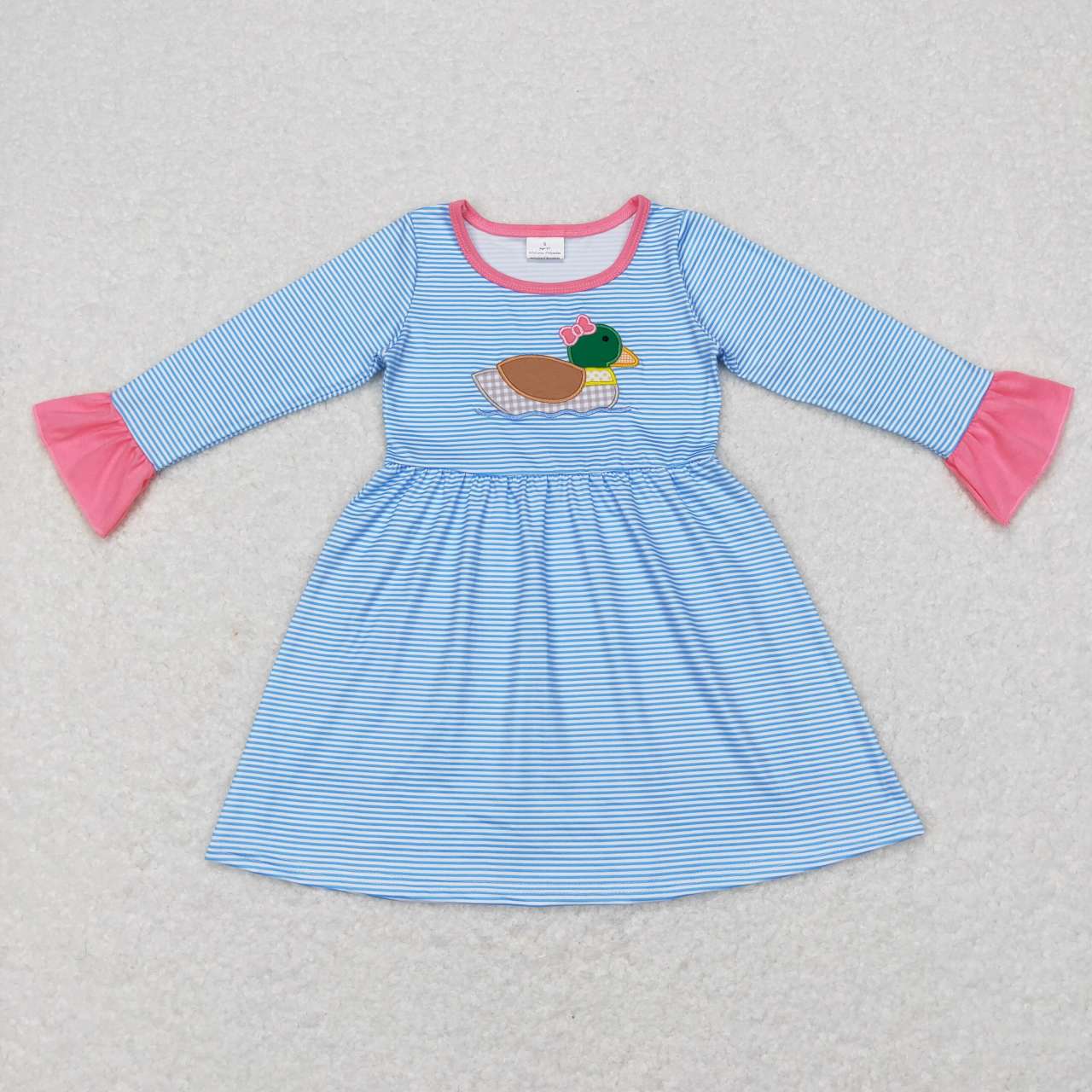 RTS NO MOQ（In Stock) Embroidered Duck Blue Striped Lace Long Sleeve Dress