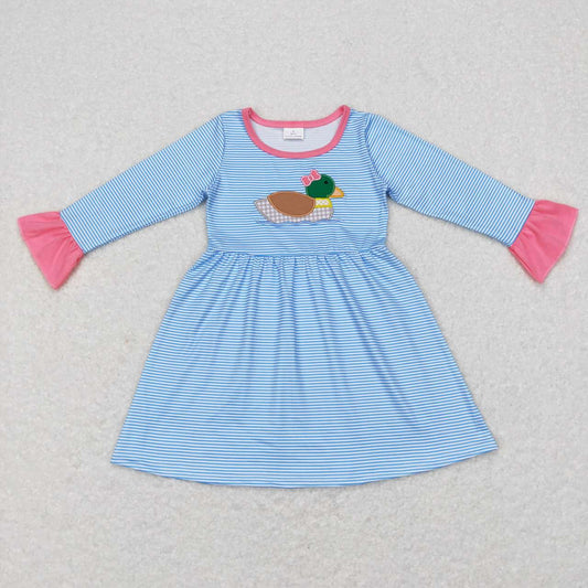 RTS NO MOQ（In Stock) Embroidered Duck Blue Striped Lace Long Sleeve Dress
