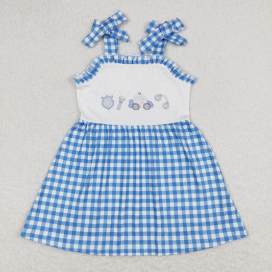 RTS NO MOQ（In Stock) police flashlight blue and white plaid lace slip dress