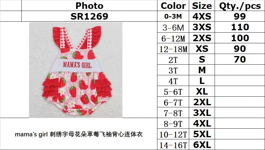 SR1269 mama's girl embroidered letter flower strawberry flying sleeve vest jumpsuit