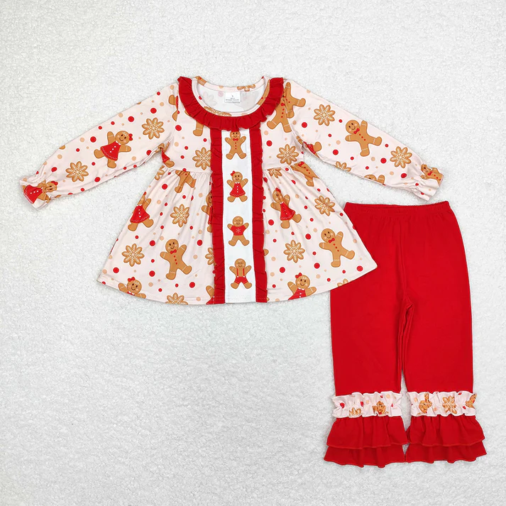 RTS NO MOQ Baby Girls Christmas Gingerbread Bear Red Lace Climbing Suit & Lace Long Sleeve Pants Set