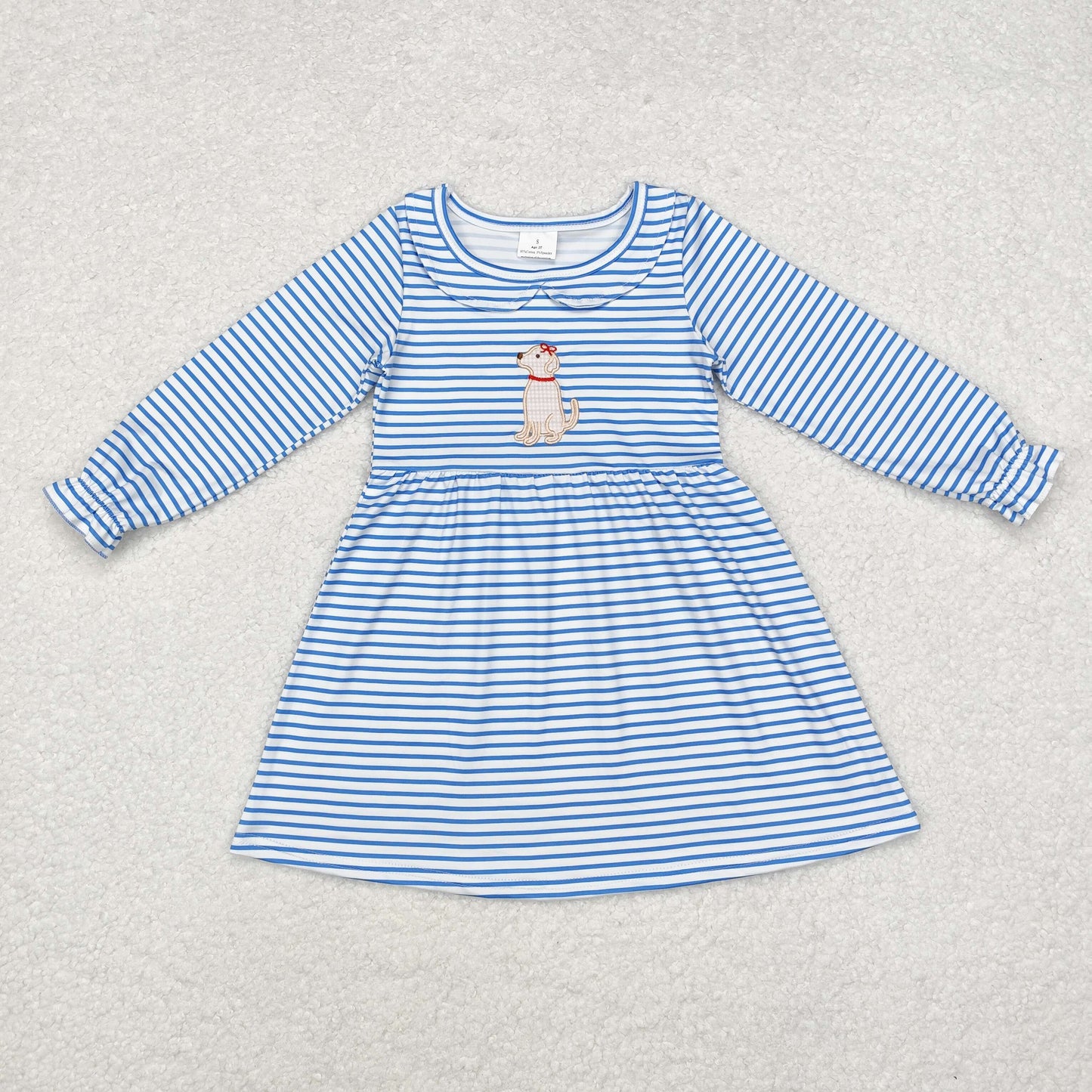 rts no moq GLD0701 Embroidered puppy striped doll collar blue and white long-sleeved dress