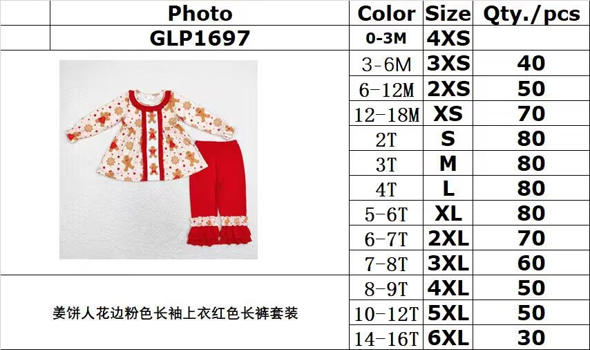 rts no moq GLP1697 Gingerbread man lace pink long sleeve top red pants set