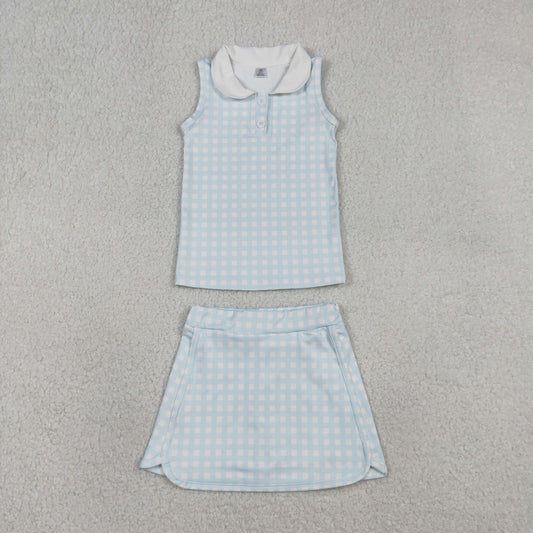 RTS NO MOQ（In Stock) GSD3375 Light Blue Plaid Button Sleeveless Yoga Set