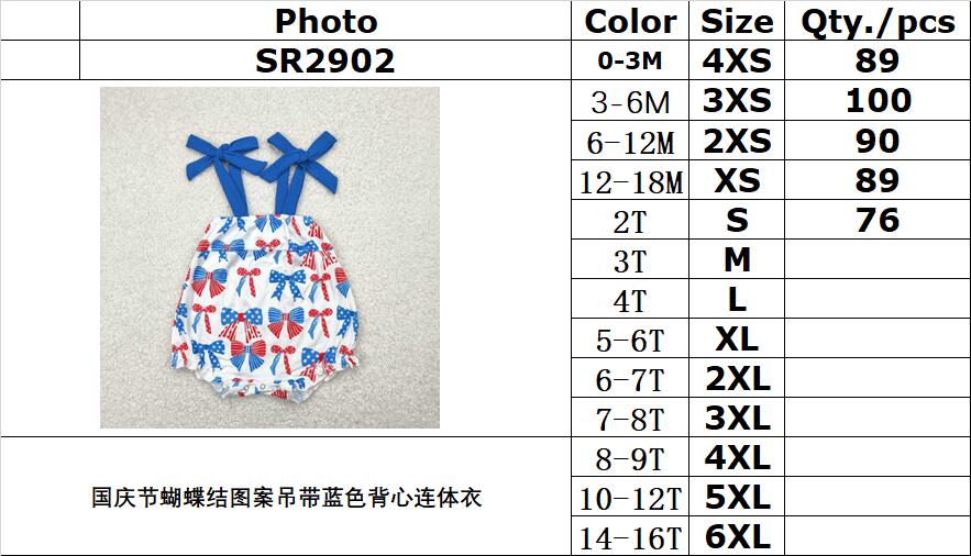 RTS NO MOQ SR2902 National Day bow pattern suspenders blue vest jumpsuit