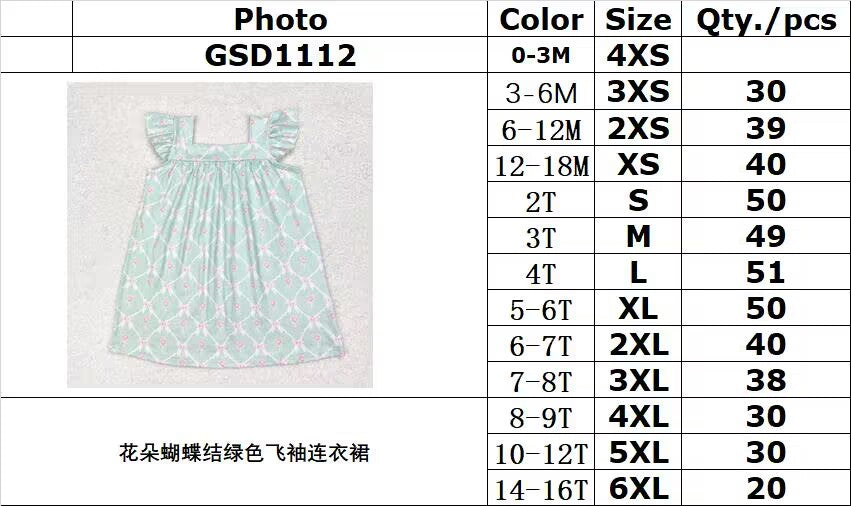 RTS no moq GSD1112 Flower bow green flying sleeve dress