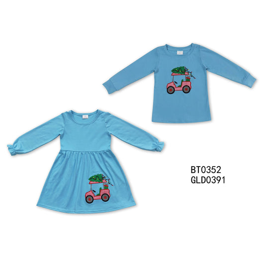 RTS NO MOQ BT0352  GLD0391 Baby Boys Christmas Tractor Blue Long Sleeve Shirts and Baby girls  long sleeve  dress