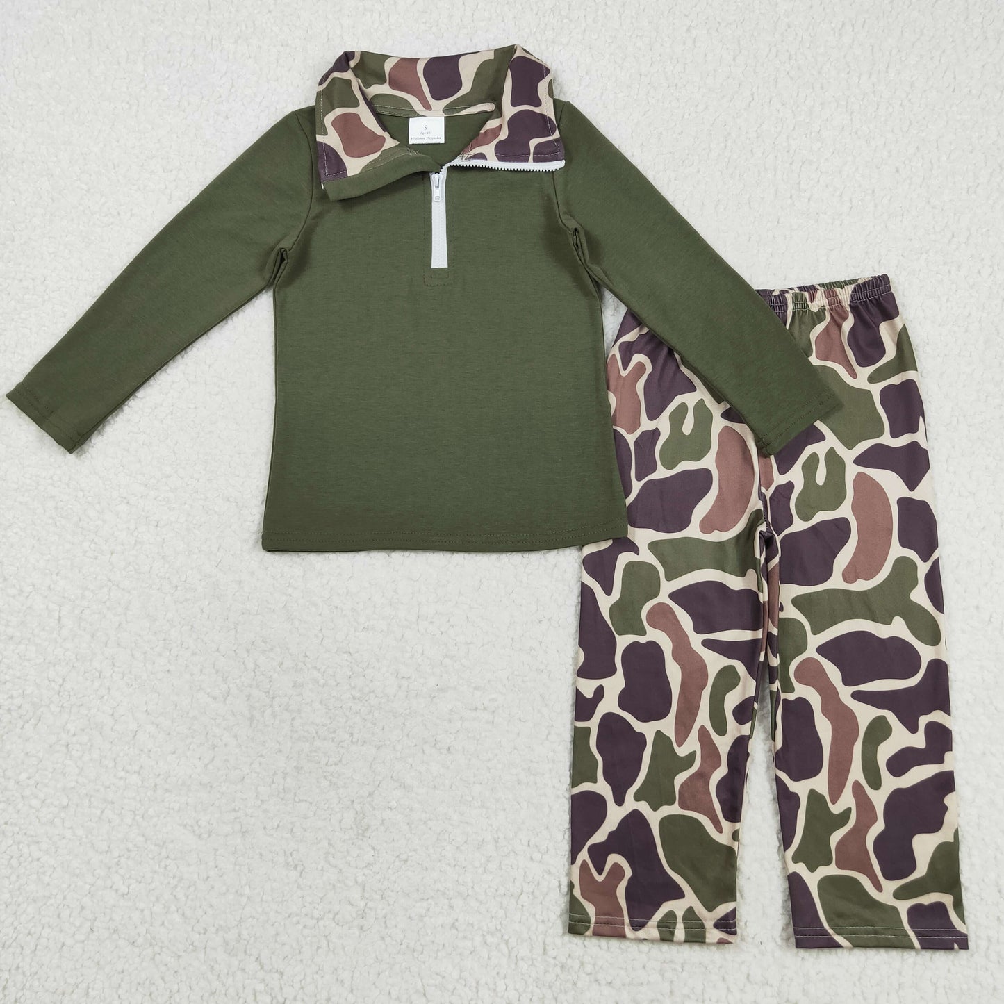 RTS NO MOQ（In Stock) BLP1138 Solid Zippered Long-Sleeved Brown and Green Camouflage Pants Set
