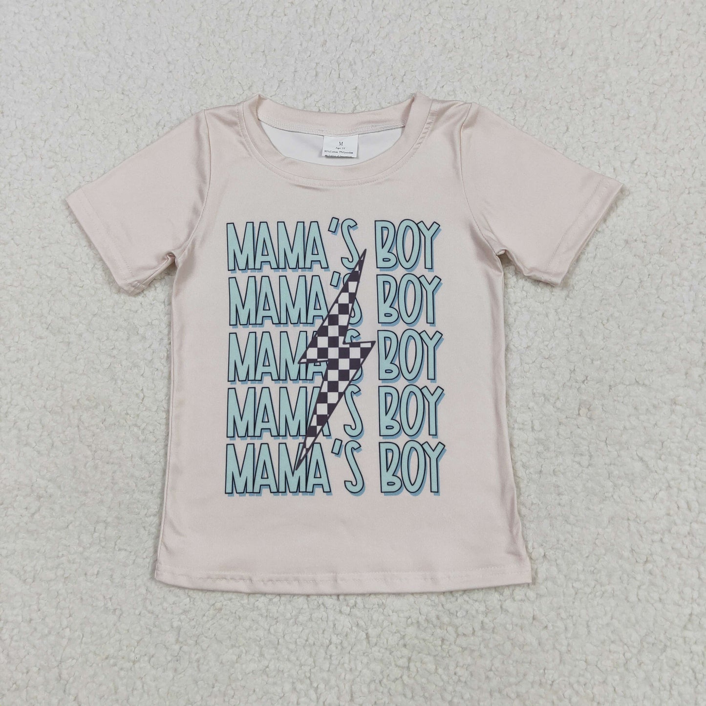 RTS NO MOQ BT1229 Mama's boy black and white checkered lightning beige short-sleeved top