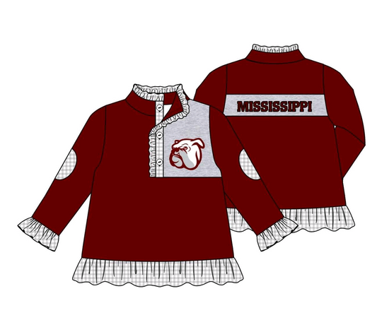 Deadline September 21 custom no moq eta 6-8weeks  Maroon dog head plaid lace cuffs-collar button girls pullover coat