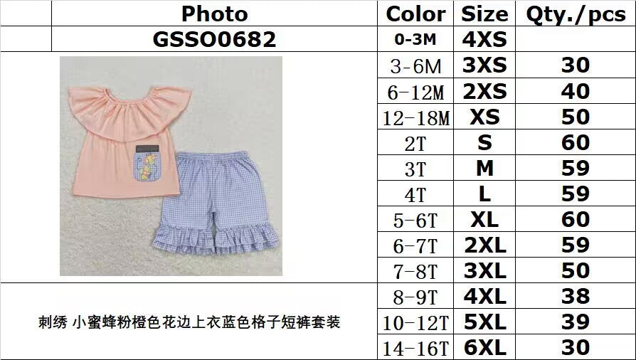 GSSO0682 Embroidery Little Bee Pink Orange Lace Top Blue Plaid Shorts Suit