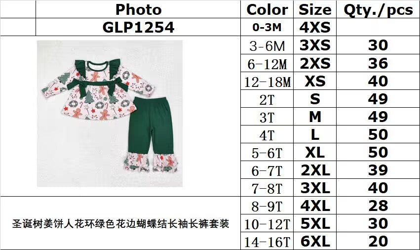 rts no moq GLP1254 Christmas tree gingerbread man wreath green lace bow long-sleeved trousers set